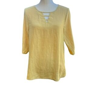 NINE‎ WEST JEANS Blouse Women's Size Small 100 % Linen 3/4 Sleeve Yellow